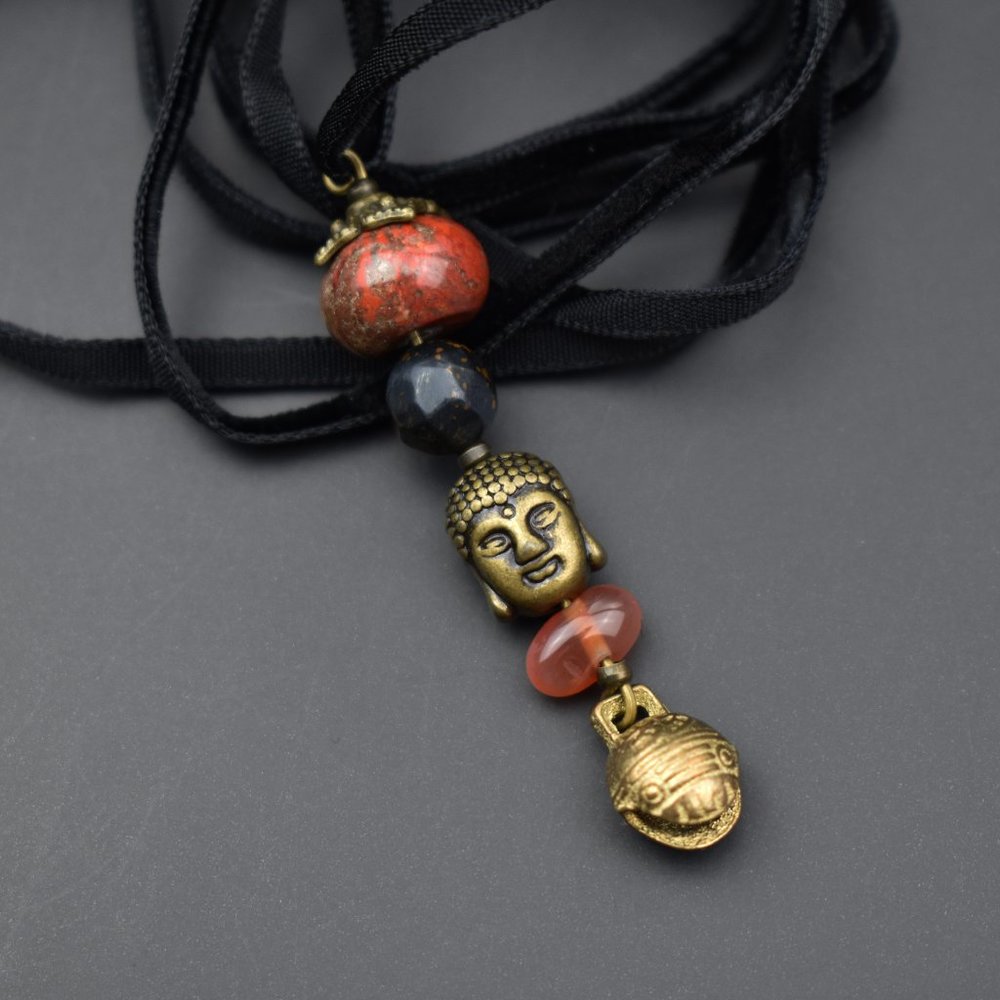 Orange stone crystal and Buddha charm necklace, thin black velvet lace choker